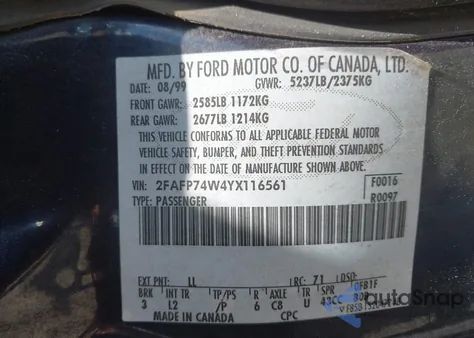 2000 Ford Crown Victoria Lx из США, поврежденный, VIN 2FAFP74W4YX116561